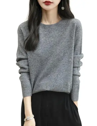 Produktbild: Chanyarn Damen Pullover Rundhalsausschnitt 100% Merinowolle First-Line Ready to Wear Langarm nahtlosem Strickpullover (Grau,XXL)
