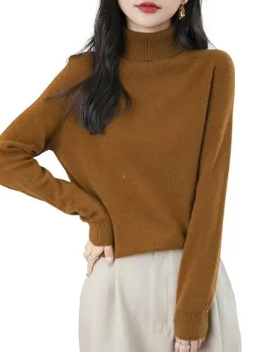 Produktbild: Chanyarn Damen Rollkragenpullover Herbst Winter Warm 100% Merinowolle 2025 First-Line Ready to Wear Langarm nahtlosem Strick Kaschmirstil Pullover (Karamell,S)