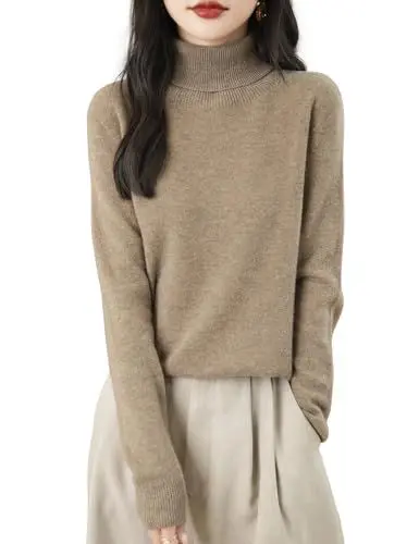 Produktbild: Chanyarn Damen Kaschmirpullover Strick Elegant Herbst Winter Langarm 2025 First-Line Ready to Wear nahtlosem 100% Merinowolle Rollkragenpullover (Tan,M)