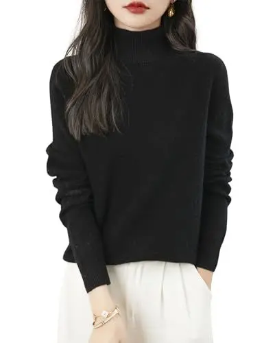 Produktbild: Chanyarn Damen Winterpullover Herbst Elegant 100% Merinowolle 2025 First-Line Ready to Wear Langarm nahtlosem Strick Rollkragen Kaschmirpullover (Schwarz,S)