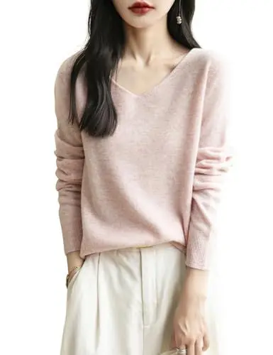 Produktbild: Chanyarn Damen Winterpullover Herbst Elegant 100% Merinowolle 2025 First-Line Ready to Wear Langarm nahtlosem Strick V-Ausschnitt Kaschmirpullover (Rosa,S)