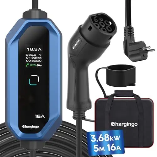 Produktbild: Chargingo Typ 2 Ladekabel Schuko 3,68kW 6-16A Einstellbarer Strom mit LCD-Display, 5M Kabel, Tragbares EV Ladegerät für Allen Elektroautos IEC 62196-2 Typ 2 und CCS2-Stecker, IP65