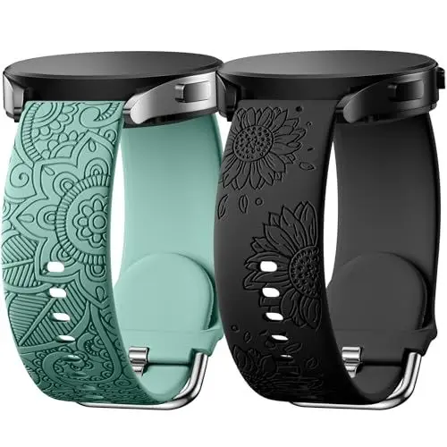 Produktbild: Charlam 2 Pack Floral Gravierte Armband Kompatibel mit Samsung Galaxy Watch 4 Watch 5 Watch 6 40mm 44mm, 20mm Silikon Ersatzarmband für Galaxy Watch Active 2/Watch 3 41mm/5 Pro für Damen Mädchen