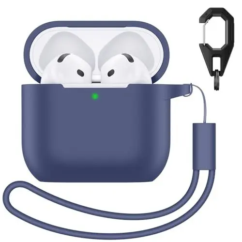 Produktbild: Charlam Case Kompatibel mit Airpods 4 Hülle 2024, Weiche Ganzkörper-Hülle Stoßfeste Schutzhülle für Apple AirPods 4 Generation Hülle mit Silikon Lanyard und Karabiner, Navy Blau