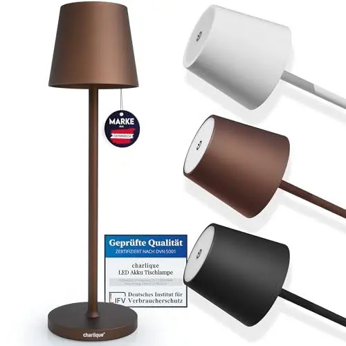 Produktbild: charlique® LED Akku Tischlampe (braun) - Dinner Light 38 cm - dimmbare Tischleuchte mit USB, für innen und außen, warmes Licht - wetterfest für Balkon, Terrasse & Garten