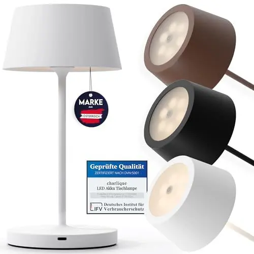 Produktbild: charlique® LED Akku Tischlampe (weiß) - Dinner Light 24 cm - kabellose Tischleuchte mit USB, für innen und außen, warmes Licht - wetterfest für Balkon, Terrasse & Garten