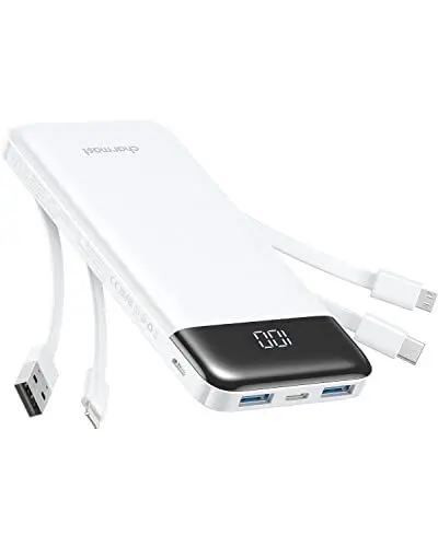 Produktbild: Charmast Power Bank, Slim 10000mAh Powerbank mit Kabel USB C und LED-Display, 6 Ausgängen Klein Aber Stark Externe Handyakkus Kompatibel mit iPhone 16 15 14 13 12 Pro Max Huawei Samsung Tablet (weiß)
