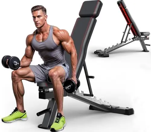 Produktbild: CharonFit Hantelbank Klappbar Verstellbar Trainingsbank: 550KG Gewichtsbegrenzung, Kommerzielle Qualität 4-in-1 Fitnessbank - Schrägbank, Flachbank, Bankdrücken Bank für Krafttraining (A700)