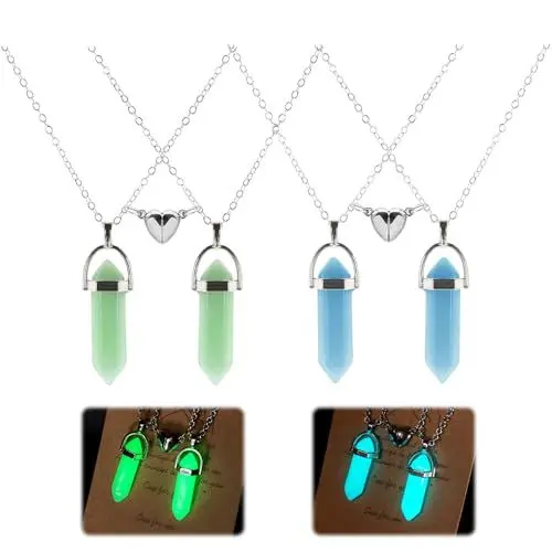 Produktbild: ChAusa 2 Stück Bergkristall Kette, Leuchtende Naturstein Hexagon Kristall Anhänger Halskette Magnetische Paar Herz Abstand Choker Energie Edelstein Schmuck Für Frauen Männer Geschenk (Blau, Grün)