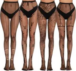 Produktbild: VIDSTW 4 Stück Fishnet Stockings Halloween Deko, Halloween Dekoration Netzstrümpfe mit Totenkopf und Spinnennetz-Design, Halloween Netzstrumpfhose Halloween Dekorationen Strümpfe Damen Sexy
