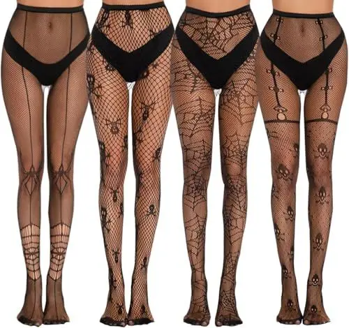 Produktbild: VIDSTW 4 Stück Fishnet Stockings Halloween Deko, Halloween Dekoration Netzstrümpfe mit Totenkopf und Spinnennetz-Design, Halloween Netzstrumpfhose Halloween Dekorationen Strümpfe Damen Sexy