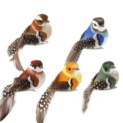 Produktbild: ChAusa 5 Pcs Vögel Deko mit Clip, Vogel Deko Figuren Künstliche, Künstliche Federvögel, Feder Vogel Modell, Bunt Vogelfigur mit Halterungsklammer, Vogel Dekofigur für Garten Party Dekoration