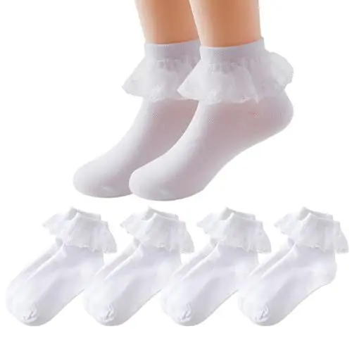 Produktbild: ChAusa 4 Paar Rüschen Socken Mädchen Spitzen Söckchen Ballett Socken Rundhals Elastische Baumwollsocken,Weiße Prinzessin Socken,Mädchen Rüschen Spitze Socken für Kinder von 3-8 Jahren