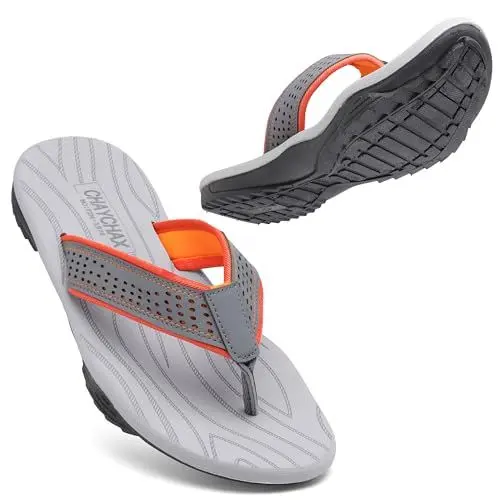 Produktbild: ChayChax Herren Flip Flops Weiche Zehentrenner Outdoor Sports Beach Sandalen rutschfest Pool Badelatschen Pantoffeln,Grau-Orange,47 EU