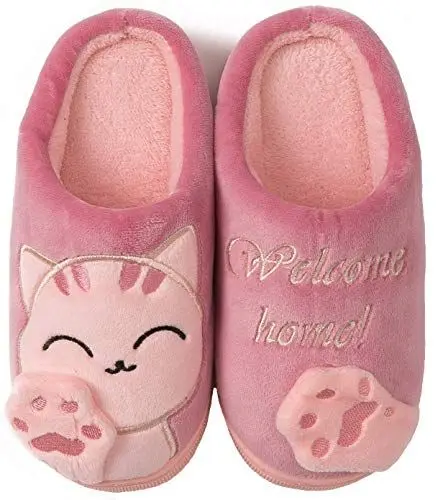 Produktbild: ChayChax Nette Winter Baumwolle Hausschuhe Warme Plüsch Pantoffeln Schlappen Weiche rutschfeste Indoor Hause Slipper mit Cartoon Katze für Herren Damen Kinder, Pink, 31/32 EU =Hersteller 32/33