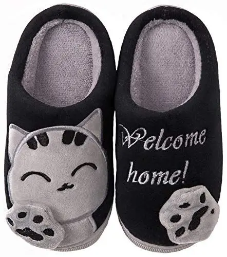 Produktbild: ChayChax Winter Baumwolle Hausschuhe Kinder Herren Damen Warme Plüsch Pantoffeln Weiche Bequeme, Schwarz, 39/40 EU = Hersteller 40/41