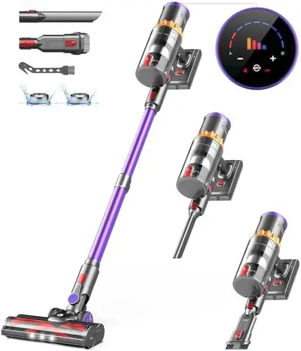 Produktbild: CHEBIO 45000Pa/550W/70Min Staubsauger Kabellos, Akku Staubsauger mit Automatische Saugeinstellung, Staubsauger mit Anti-Tangle-Bürste & LED Display für Teppich, Hartboden, Tierhaare