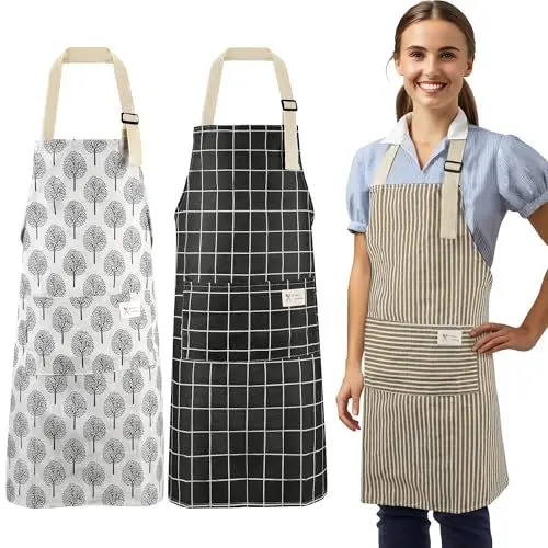 Produktbild: Cheerhom 3 Schürze, Kochschürze mit 2 Taschen, Schürzen Set aus Baumwolle Leinen, Schmutzabweisend&Langlebig, Kochschürze Herren Damen zum Kochen, Grillen, Malen, Garten, Restaurant, Café