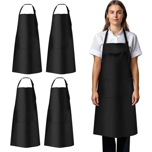 Produktbild: Cheerhom 4 Schwarze Schürzen, Kochschürzen für Herren Damen, Extra Große Größe, mit 2 Geräumigen Taschen, Wasserdicht&Bequem Material, geeignet zum Kochen, Grillen, Malen und für Restaurants.