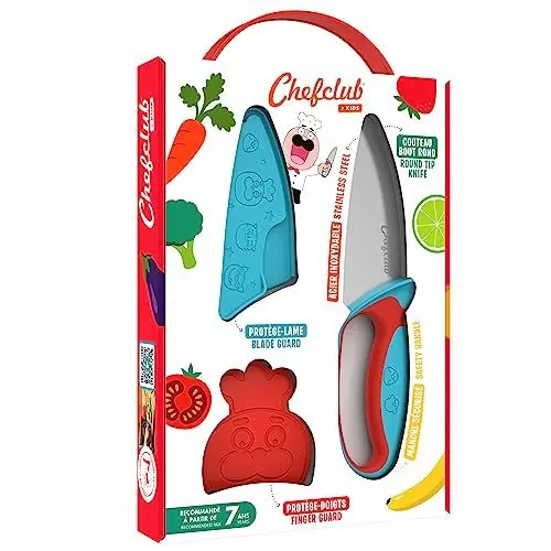 Produktbild: Chefclub Kids | Messer für Kinder | Blau und Rot | Kindermesser mit Fingerschutz, Klingenschutz und ergonomischem Griff | Kinder Küche Messer | Küchenutensilien für Kinder | für Kleinkinder