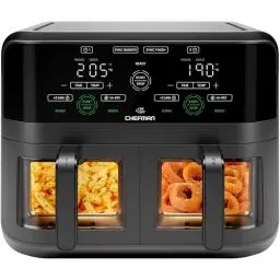 Produktbild: CHEFMAN 5,6 Liter Doppelkorb- Heißluftfritteuse mit Easy-View-Fenster, Sync-Finish, Hi-Fry, automatische Abschaltung, spülmaschinenfest, 2100W, digital - Schwarz