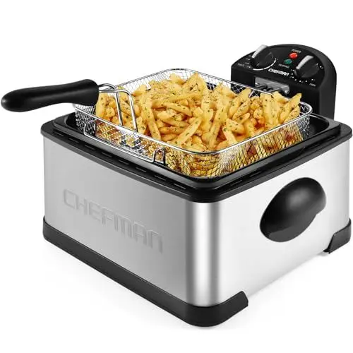 Produktbild: Chefman 4,3 Liter Fritteuse mit Sieb, XL Jumbo Größe, Einstellbare Temperatur & Timer, Perfekt für Frittierte Hähnchen, Garnelen, Chips & Mehr, Abnehmbarer Öl-Behälter, Edelstahl