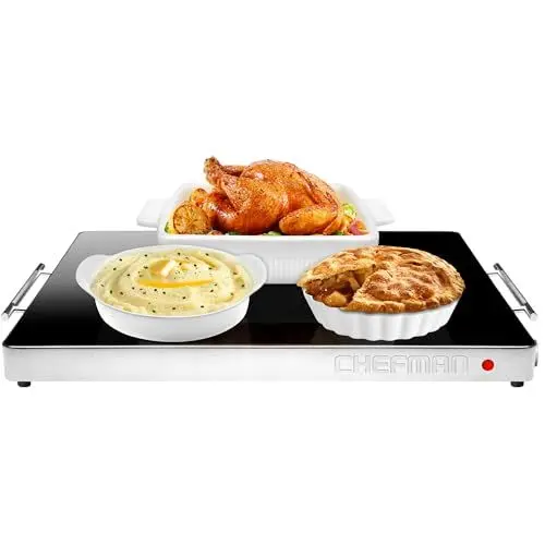 Produktbild: Chefman Elektrische Warmhalteplatte mit Einstellbarer Temperatur, Perfekt für Buffets, Restaurants, Partys, Veranstaltungen, Glasplatte, Große 53 x 41 cm Oberfläche, Hält Speisen Warm - Schwarz