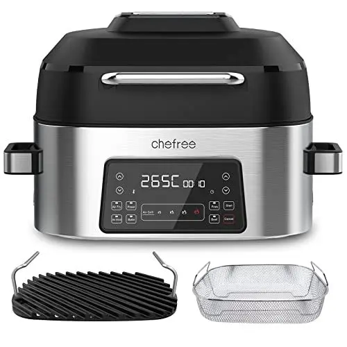 Produktbild: CHEFREE Gesundheitsgrill und Heißluftfritteuse, 6L Familienformat für 5-6 Portionen, intelligenter 6-in-1 Smart XL Multikocher, Max 265℃, 4-stufiger Luftgrill, 0 Rauch, ölfrei, Schwarz/Grau, AFG01