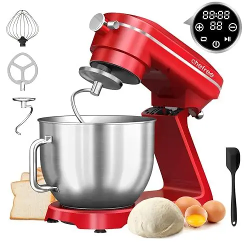 Produktbild: Chefree Knetmaschine Profi Küchenmaschine,7L Schüssel mit 3 Rührwerkzeuge, 1800W,LED-Touchscreen,10 Stufen,Knethaken Rühr- & Schneebesen,Planetenrührwerk,Rot,M500