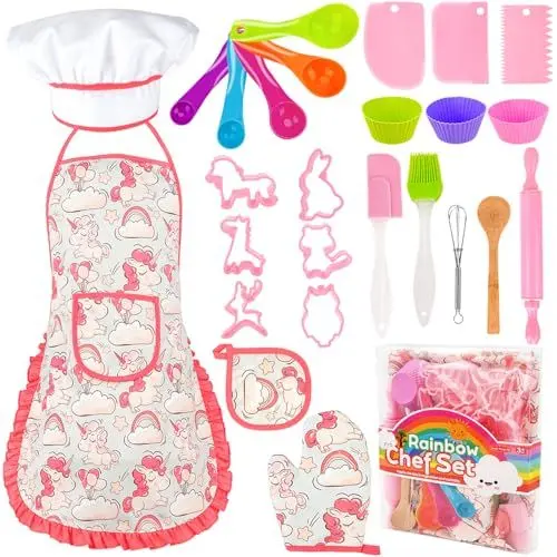 Produktbild: Chef-Set Koch-und Backset für Kinder, 26 Stück Backset Rollenspiele maßgeschneiderte Einhornmuster Schürzen und Kochmütze, Küchenspielzeug Zubehör, Geschenke für Mädchen 3-8 Jahre