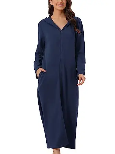 Produktbild: cheibear Damen Robe mit Reißverschluss vorne und Kapuze Hauskleid Nachthemd Hausmantel Kapuzenpullover langer Loungewear Bademantel Navy blau M