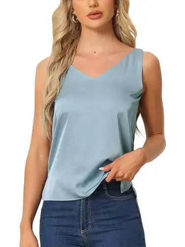 Produktbild: cheibear Damen Satin Tanktop mit V Ausschnitt Schlichte seidige ärmellose Bluse mit Doppelträgern Blau M