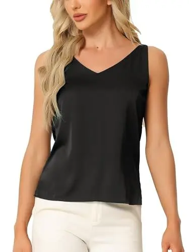 Produktbild: cheibear Damen Satin Tanktop mit V Ausschnitt Schlichte seidige ärmellose Bluse mit Doppelträgern Schwarz XL