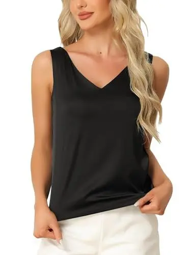 Produktbild: cheibear Damen Tanktop aus Satin seidig lässig Basic ärmellose mit V-Ausschnitt Bluse Schwarz M