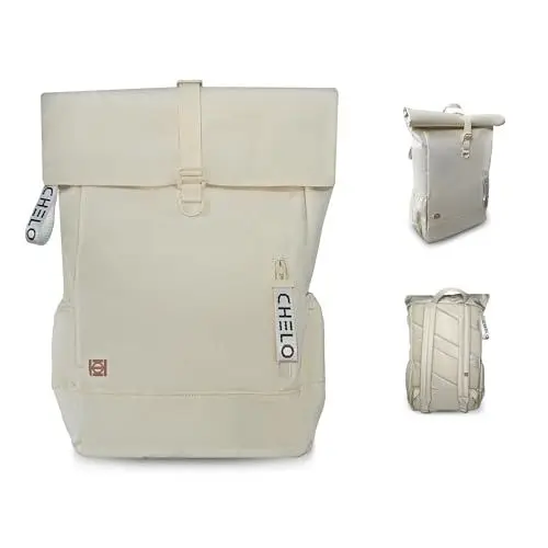Produktbild: CHELO Rucksack Damen & Herren Rolltop Mit Laptopfach und Tabletfach für Uni Business Fahrrad Nachhaltig - Wasserabweisend (Ivory)