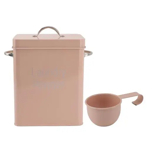 Produktbild: Waschküchenbehälter aus Metall mit zwei seitlichen Griffen und Löffeldeckel. Bauernhaus-Wäschepulverbehälter für Waschpulver, Reis, Hundefutter (Pink)