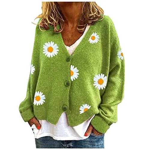 Produktbild: CHENSIYU Strickjacke Damen Leichte Cardigan mit Blume und Knöpfen Elegant Strickmantel Jacke V-Ausschnitt Knopfleiste Elegante Schulterjacke Top Dünne Mantel Strickmantel