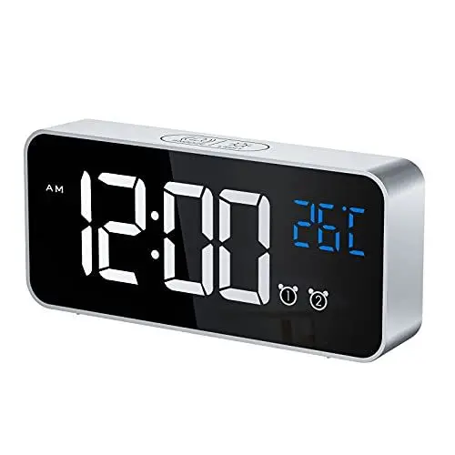 Produktbild: CHEREEKI Digitaler Wecker, LED Digitaluhr mit Temperaturanzeige Tragbarer Spiegelalarm Tischuhr mit 2 Alarmen 10 Alarmtöne USB Wiederaufladbar 4 Helligkeit und Lautstärke Regelbar, 12/24 Stunden