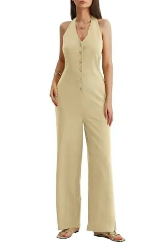 Produktbild: CHERFLY Damen Jumpsuit Elegant Sommer Ärmellos Knöpfe V-Ausschnitt Halter Rückenfrei Overall Weites Bein mit Taschen(Khaki,2XL)