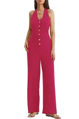 Produktbild: CHERFLY Damen Jumpsuit Elegant Sommer Ärmellos Knöpfe V-Ausschnitt Halter Rückenfrei Overall Weites Bein mit Taschen(Kirsche Rosa,S)