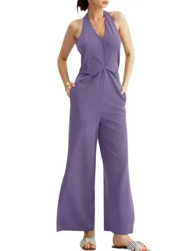 Produktbild: CHERFLY Damen Jumpsuit Elegant Sommer Ärmellos V-Ausschnitt Halter Rückenfrei Seitenschlitz Overall Weites Bein mit Taschen(Lila,M)