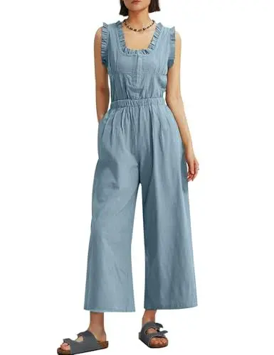 Produktbild: CHERFLY Damen Jumpsuit Sommer Ärmellos Lässig Einteiler Rückenfrei Rüschenausschnitt Overall Weites Bein mit Taschen(Hellblau,S)