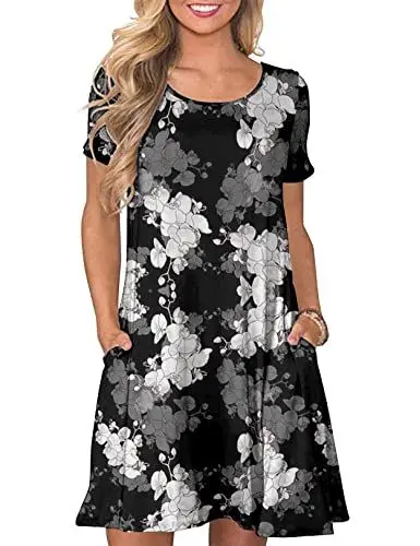 Produktbild: CHERFLY Damen Sommer T-Shirtkleid Casual Freizeitkleid Kurzärmliges Minikleid mit Taschen (Blumen mit Tinte,S)
