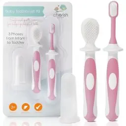 Produktbild: Cherish Baby Care Baby-Zahnbürsten-Set (3-24 Monate) - Sicherheitsgeprüfte & BPA-freie Fingerzahnbürste Baby, Baby Zahnbürste & Zahnbürste Kleinkind - Komplettes Baby Zahnbürsten-Set (rosa)