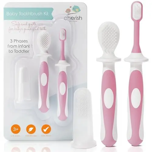 Produktbild: Cherish Baby Care Baby-Zahnbürsten-Set (3-24 Monate) - Sicherheitsgeprüfte & BPA-freie Fingerzahnbürste Baby, Baby Zahnbürste & Zahnbürste Kleinkind - Komplettes Baby Zahnbürsten-Set (rosa)
