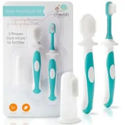 Produktbild: Cherish Baby Care Baby-Zahnbürsten-Set (3-24 Monate) - Sicherheitsgeprüfte & BPA-freie Fingerzahnbürste Baby, Baby Zahnbürste & Zahnbürste Kleinkind - Komplettes Baby Zahnbürsten-Set (türkis)
