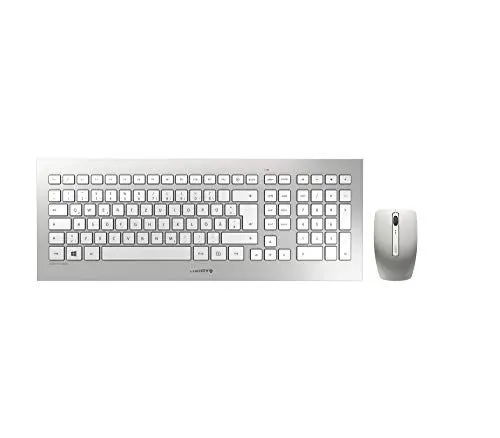 Produktbild: CHERRY DW 8000, kabelloses Tastatur- und Maus-Set, Deutsches Layout (QWERTZ), batteriebetrieben, ultraflache Tastatur, 3 Tasten-Maus mit Infrarotsensor, Weiß-Silber