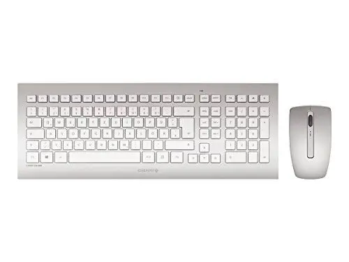 Produktbild: CHERRY DW 8000, kabelloses Tastatur- und Maus-Set, Schweizer Layout (QWERTZ), batteriebetrieben, ultraflache Tastatur, 3 Tasten-Maus mit Infrarotsensor, Weiß-Silber
