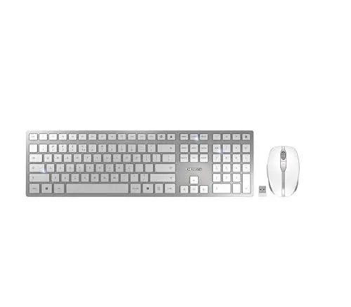 Produktbild: CHERRY DW 9100 SLIM, Kabelloses Tastatur- und Maus-Set, US-International-Layout (QWERTY), Bluetooth & 2,4 GHz Funk, Leise Tasten, Flaches Design, Wiederaufladbar, Weiß-Silber