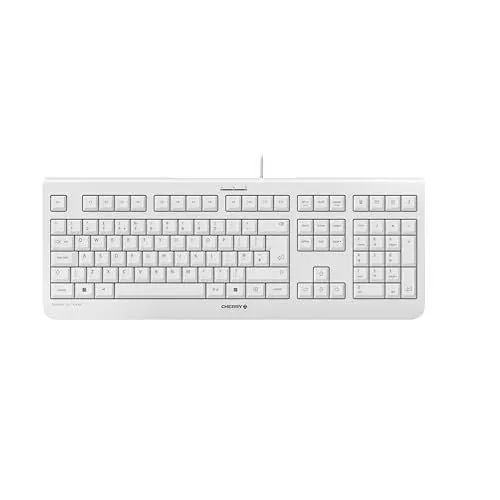 Produktbild: CHERRY KC 1000, Kabelgebundene Tastatur, UK-Layout (QWERTY), Plug & Play über USB-Anschluss, Flaches Design, Flüsterleiser Tastenanschlag, Weiß-Grau